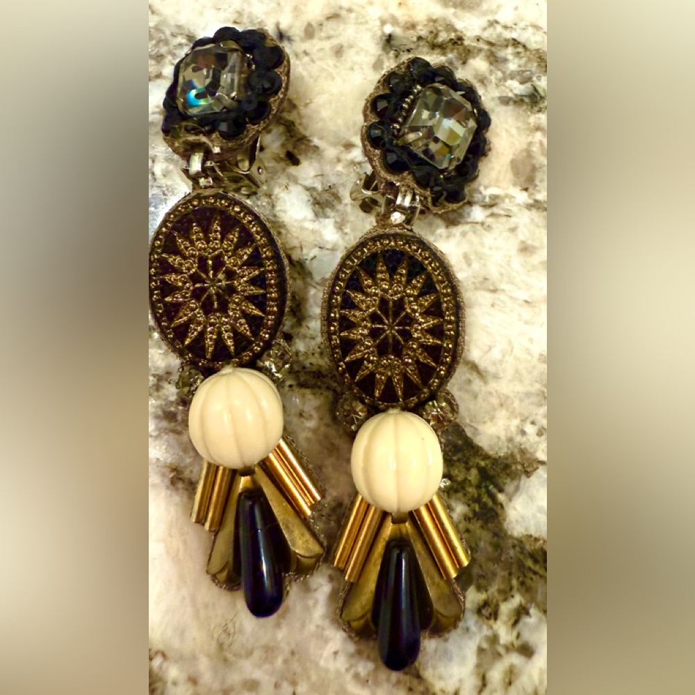 Ranjana Khan Gold Filigree Statement Earrings – Clip-On, Beads, Black & Ivory